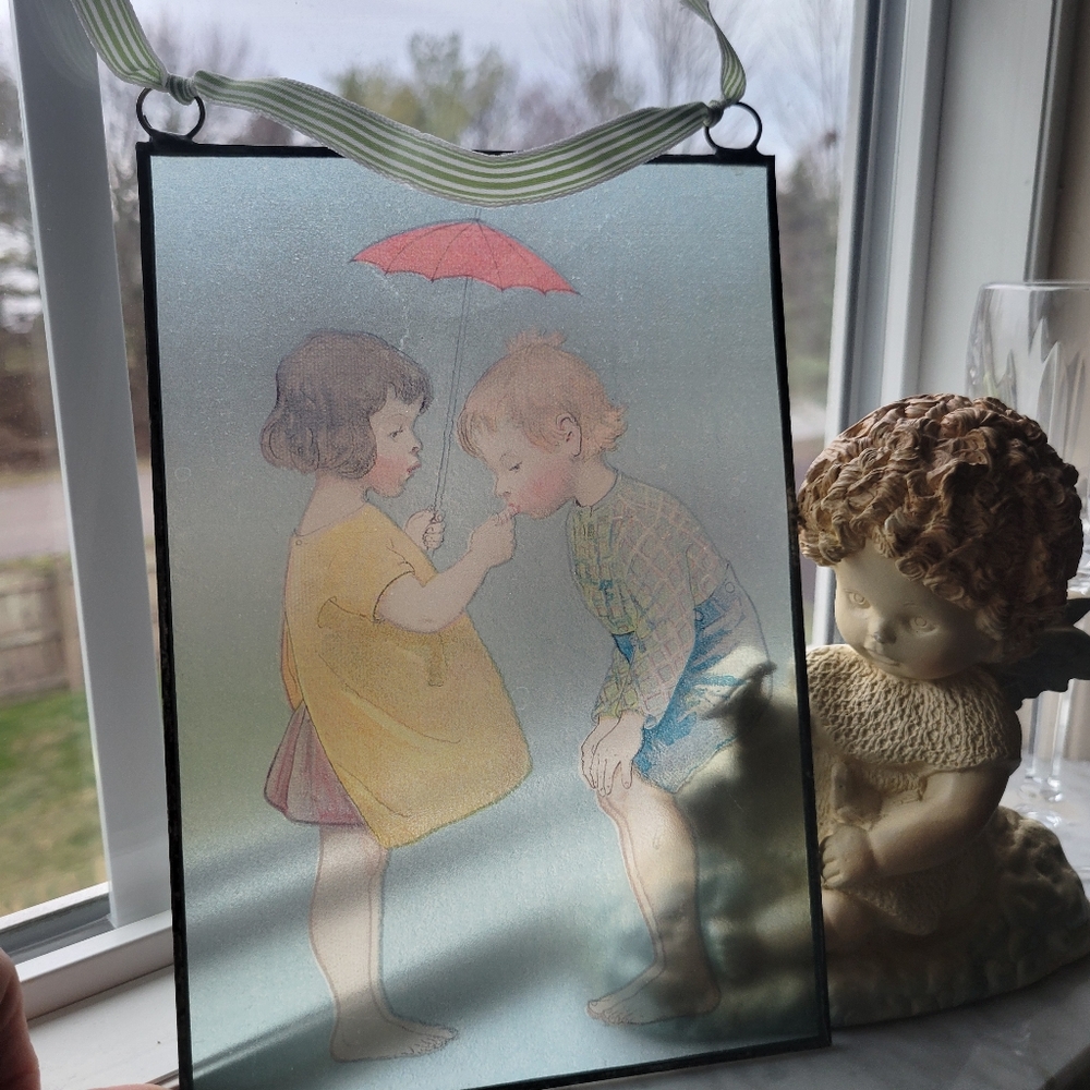 Whimsical Art Glass Boy & Girl ~ Sweet Reverse Painting or Transfer ~ Springtime